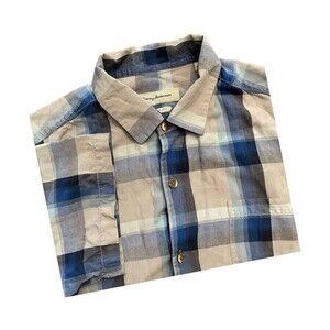 Tommy Bahama Men's XL 100% Silk Blue Plaid Button Up Short Sleeve Shirt Casual